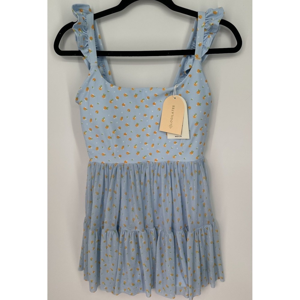 Blogilates Ballerina Ruffle Dress M Blue Citrus Floral Mini Dress NWT  0290